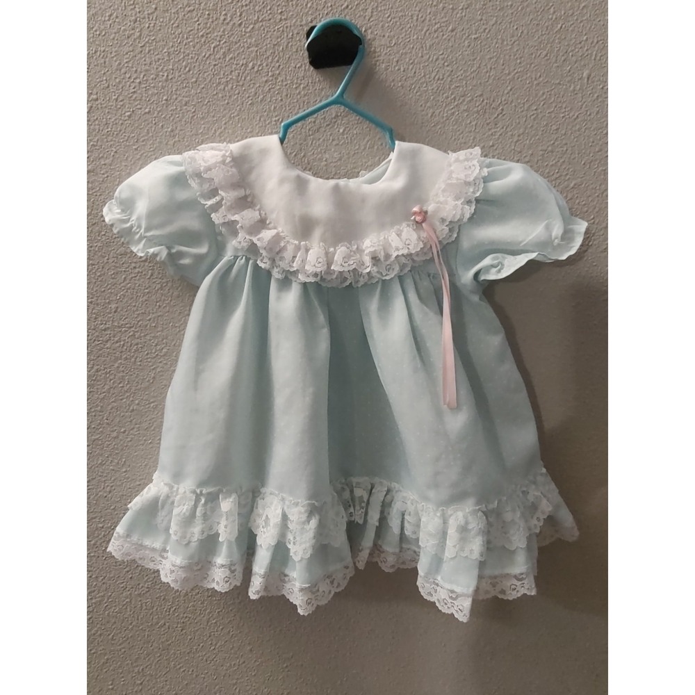 Vintage Jo Lene Toddler Dress Light Blue Polkadot Size 24 Months Lace Trim USA